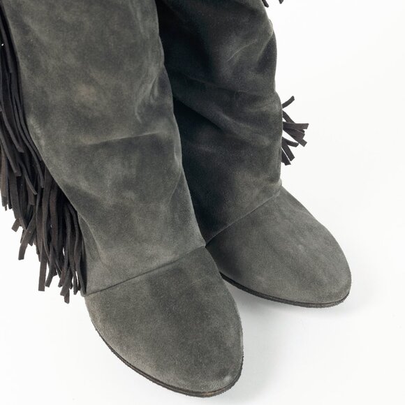 Isabel Marant Manly Anthracite Leather & Suede Fringe Knee-High Wedge Boots - Picture 6 of 9
